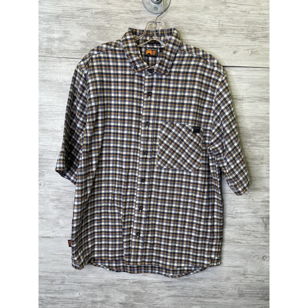 Timberland PRO Shirt Mens Medium Black‎ Iris Blue Orange Plaid Original Fit Work